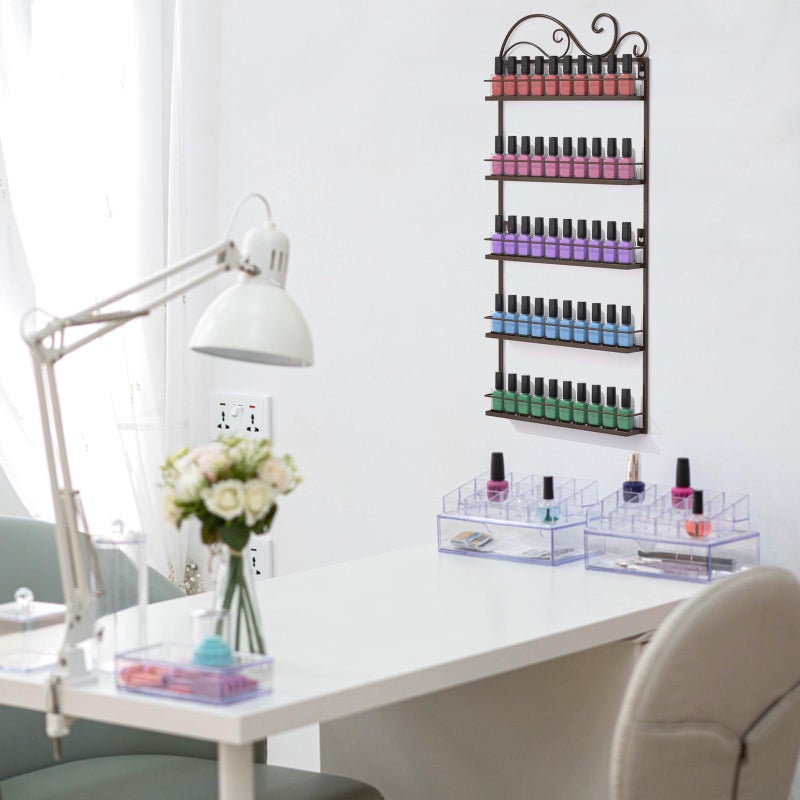 ERYTLLY Wall Mounted Nail Polish Rack, Rectangle Nail Storage Organizer, Salon Shelf Organizer (Brown) - Image 5